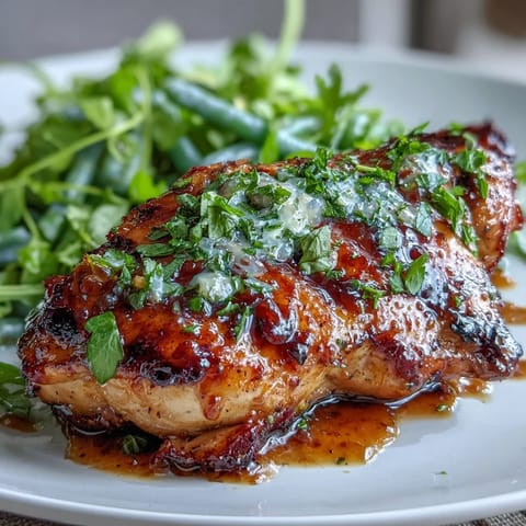 Honey mustard chicken with green beans served in a cast iron skillet, golden sauce glistening on juicy chicken breasts.