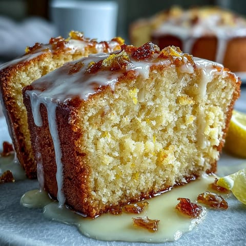 Zesty lemon drizzle loaf cake slice on a white plate, drizzled with tangy glaze and garnished with lemon slices and mint.