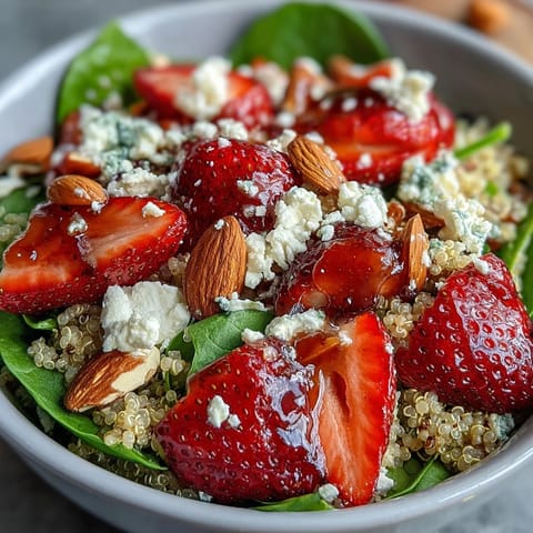 Colorful quinoa salad featuring strawberries, feta, and spinach, drizzled with balsamic vinaigrette for a refreshing taste.  