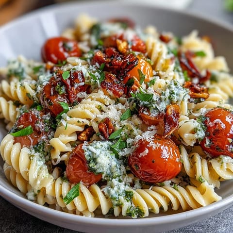Summer pasta salad with pesto and cherry tomatoes, a vibrant dish with al dente pasta, juicy tomatoes, and fresh basil pesto.