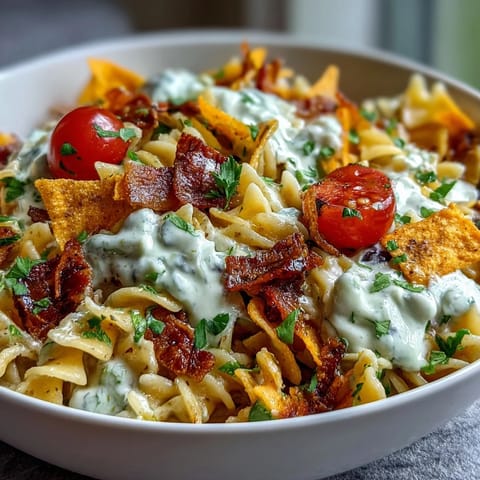 Creamy avocado ranch pasta salad with taco flavors and crunchy Doritos in a vibrant bowl.  