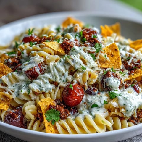 Colorful taco pasta salad featuring Doritos, black beans, and zesty avocado ranch dressing.  