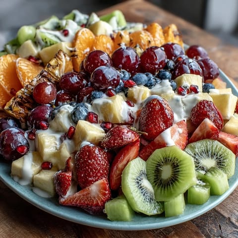 Vibrant rainbow fruit table with coconut whipped cream, perfect for healthy brunches and summer gatherings.  
