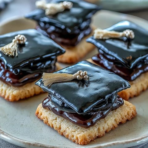 Festive graduation cap cookies with black royal icing and yellow candy tassels, perfect for celebrating graduates.
