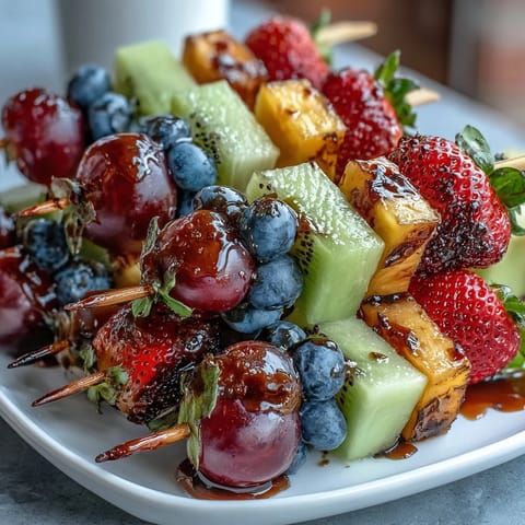 Vibrant rainbow fruit skewers with honey-yogurt dip, featuring strawberries, pineapple, kiwi, blueberries, and grapes for a colorful, healthy snack.  