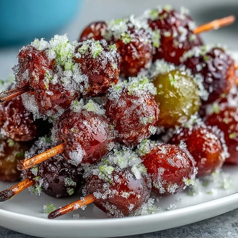 Frozen Grape Skewers with Lime Sugar glisten with zesty citrus crystals, offering a cool, refreshing summer snack perfect for hot days.