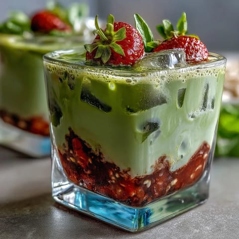 Strawberry Matcha Latte with Oat Milk served in tall glasses, vibrant red strawberry puree topped with creamy oat milk and earthy green matcha layer.