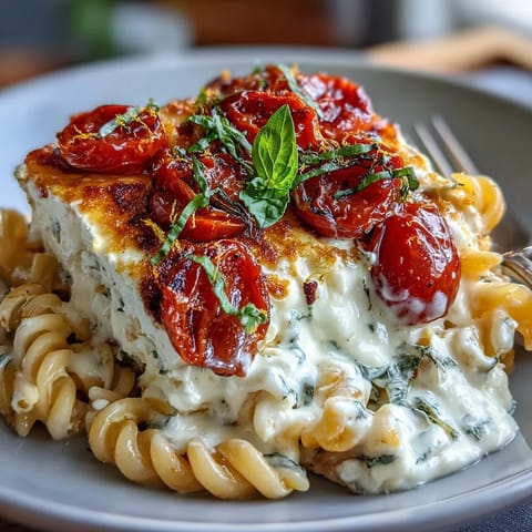 Creamy Baked Feta Pasta dish with bursting cherry tomatoes and fresh basil.