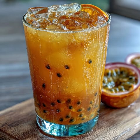 Tropical Sunrise Mocktail with vibrant passionfruit and orange layers, ready to sip.