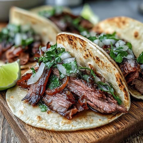 Juicy smoked brisket tacos piled high with bright pickled red onions, perfect for dinner.