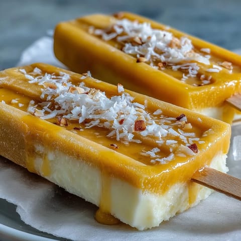 Creamy vegan mango coconut popsicles, a vibrant tropical frozen treat on a sunny day.
