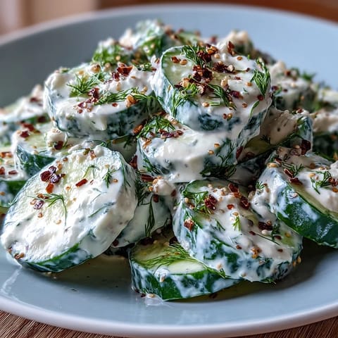 Refreshing cucumber salad with cream cheese, dill, and a savory everything bagel topping.