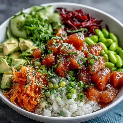Salmon Poke Bowl bursting with fresh avocado, edamame, and vibrant veggies.