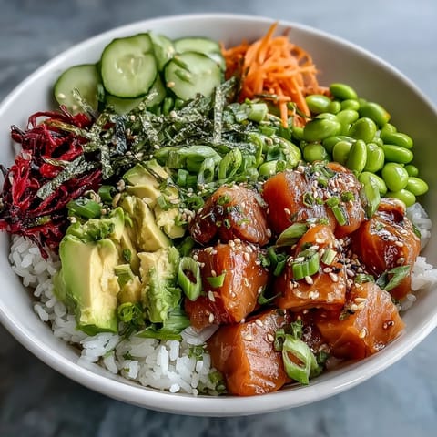 Colorful Salmon Poke Bowl featuring marinated fish and creamy avocado for lunch.