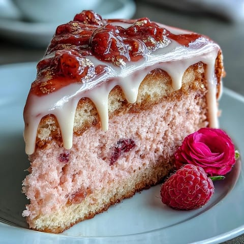 Pretty rose velvet cake with blush frosting and glamorous gold drip.