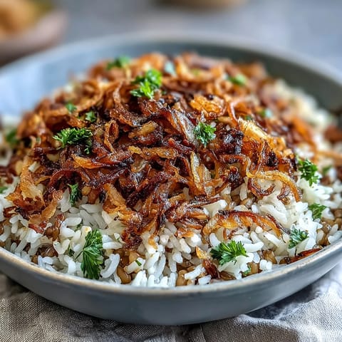 Levantine Mujadara piled high with fluffy rice and golden crispy onions.