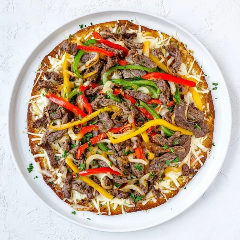 Golden crust topped with sautéed green and red bell peppers, onions, and tender steak, smothered in gooey provolone and mozzarella cheese.