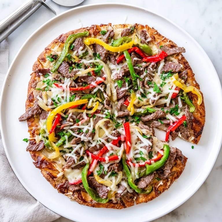 A serving of Philly Cheesesteak Pizza slice lifted to reveal juicy steak, soft peppers, and onions on a crisp, cheesy base.