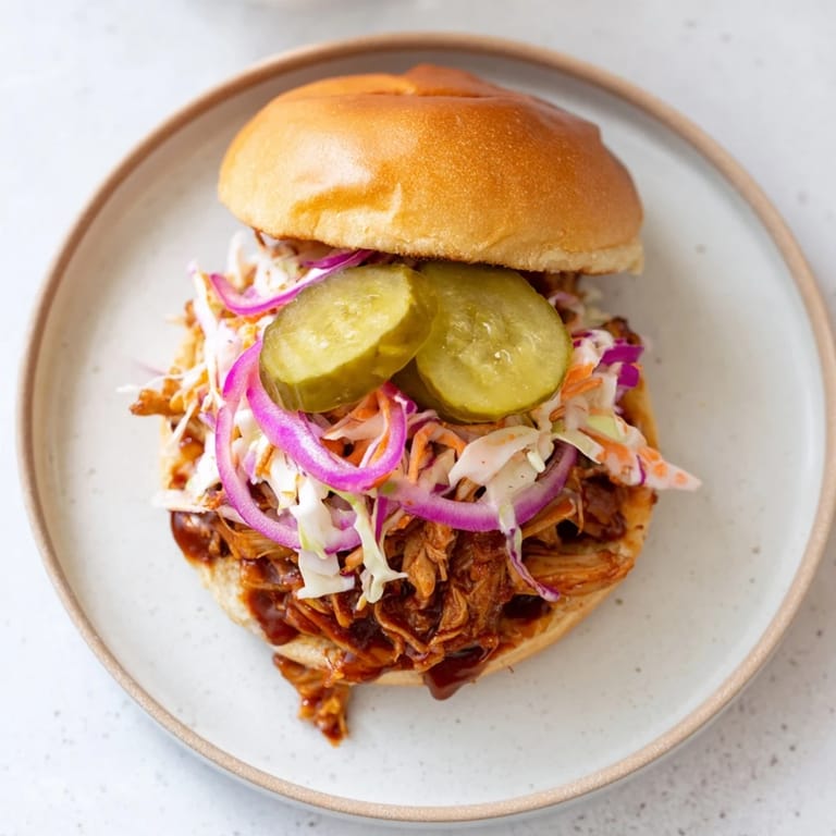 Golden toasted brioche bun overflowing with juicy BBQ Chicken Sandwich, topped with tangy slaw and a crunchy pickle.