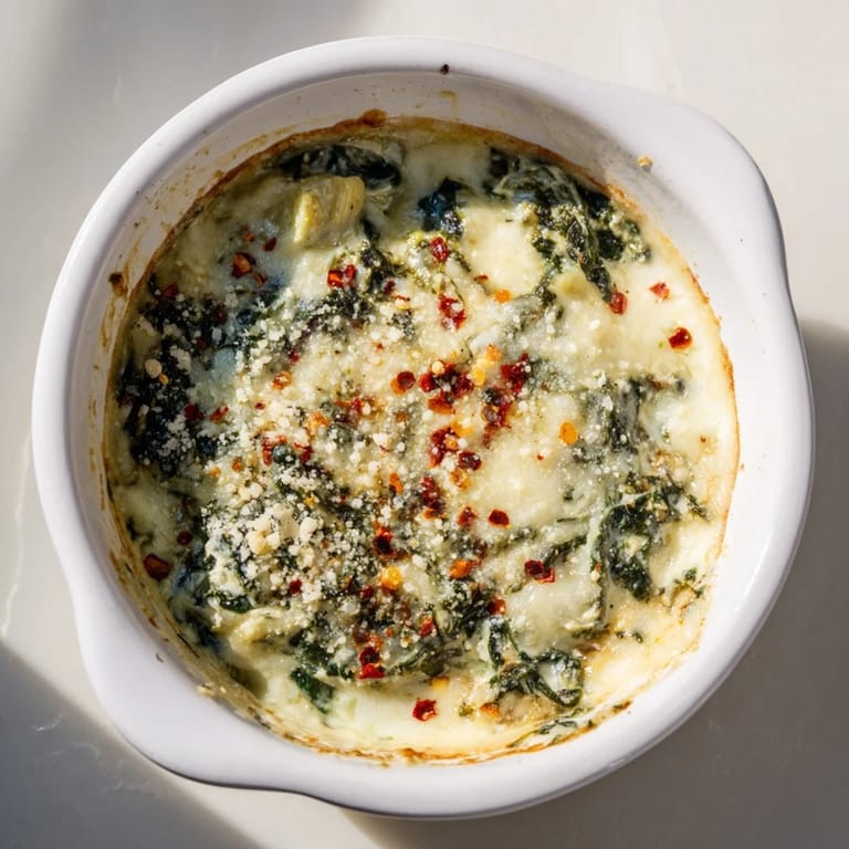Homemade Spinach Artichoke Dip with melted mozzarella and Parmesan, perfect for a savory appetizer spread at a casual party.