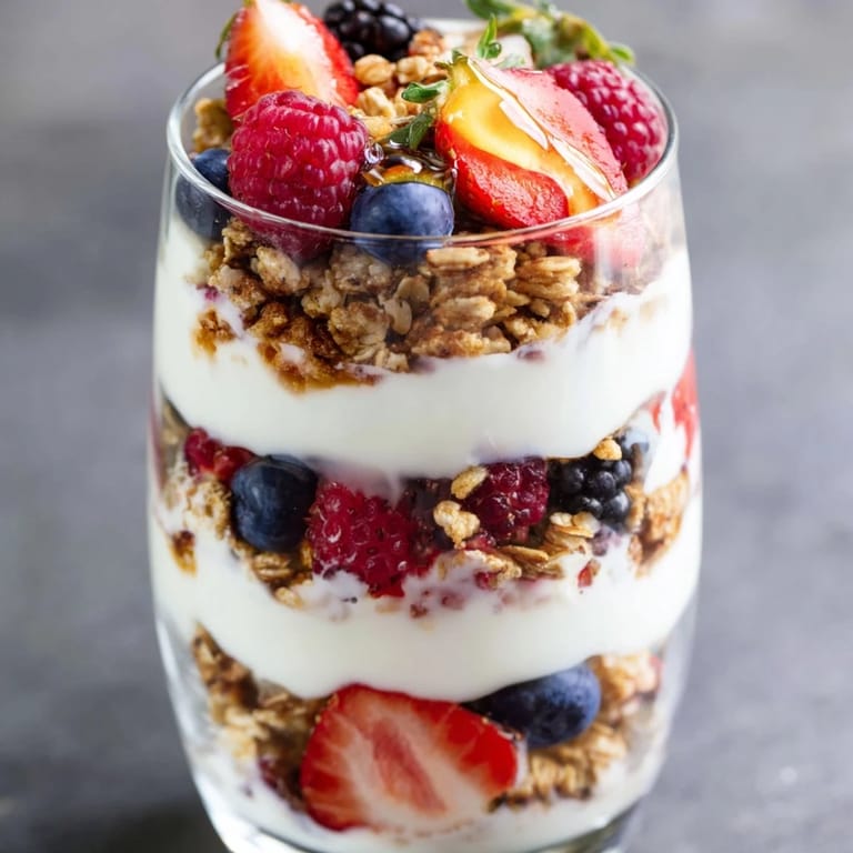 Freshly layered Berry Parfait with Greek yogurt, granola, and ripe strawberries and blueberries for a healthy snack.