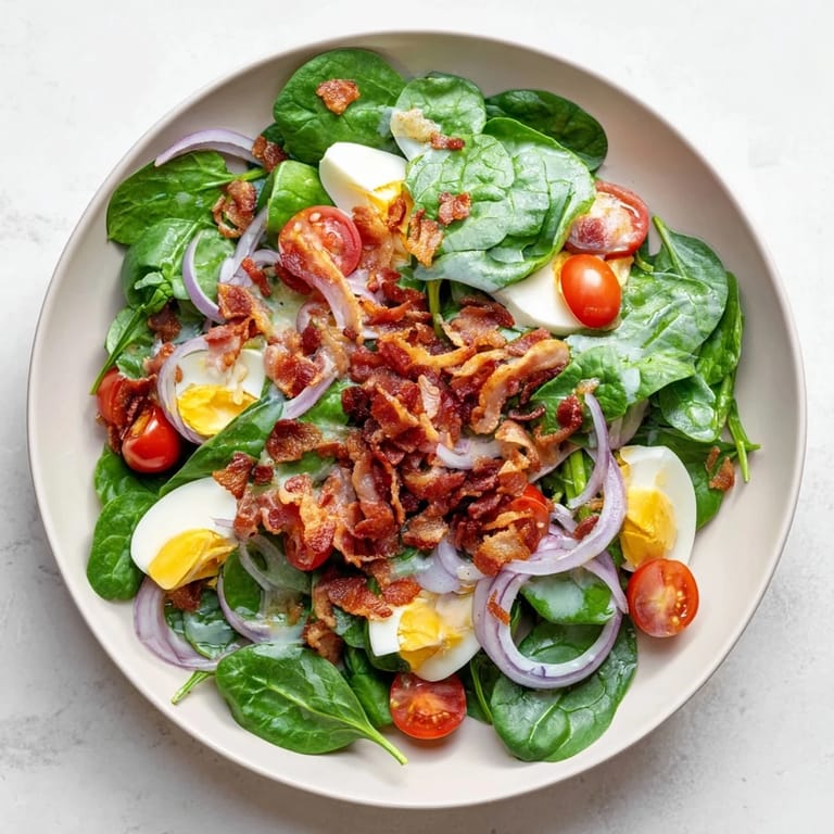 Freshly tossed Spinach Salad with Bacon showing glossy red wine vinaigrette coating tender spinach leaves, halved cherry tomatoes, and sliced eggs, garnished for a delicious American-style meal.