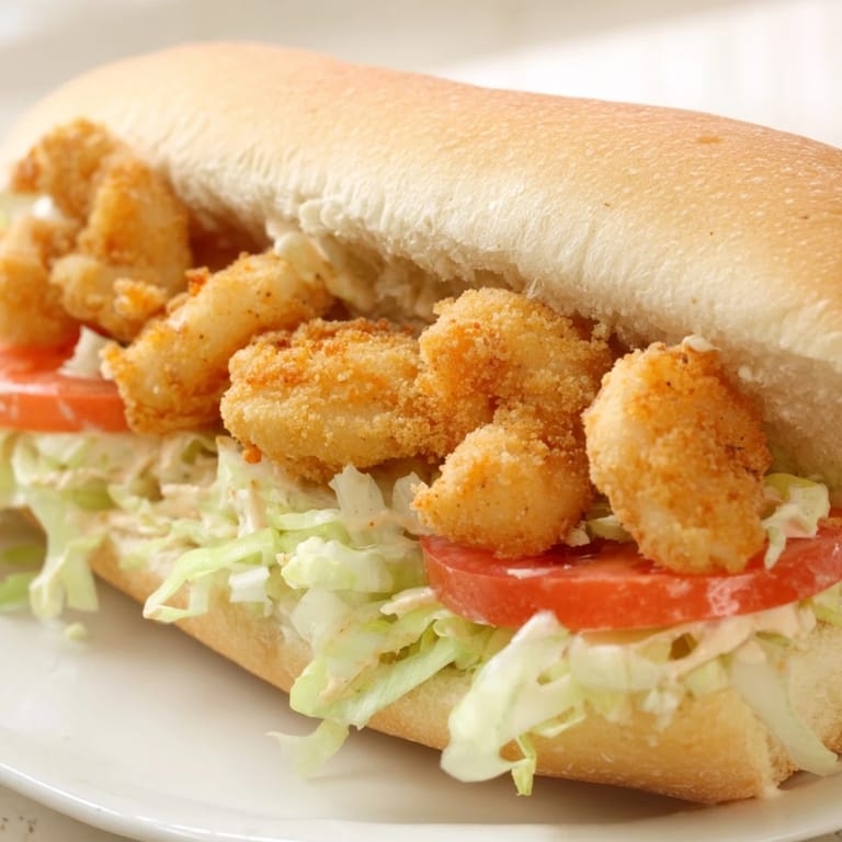 A crispy shrimp po boy sandwich served on a hoagie bun with lemon wedges on the side.
