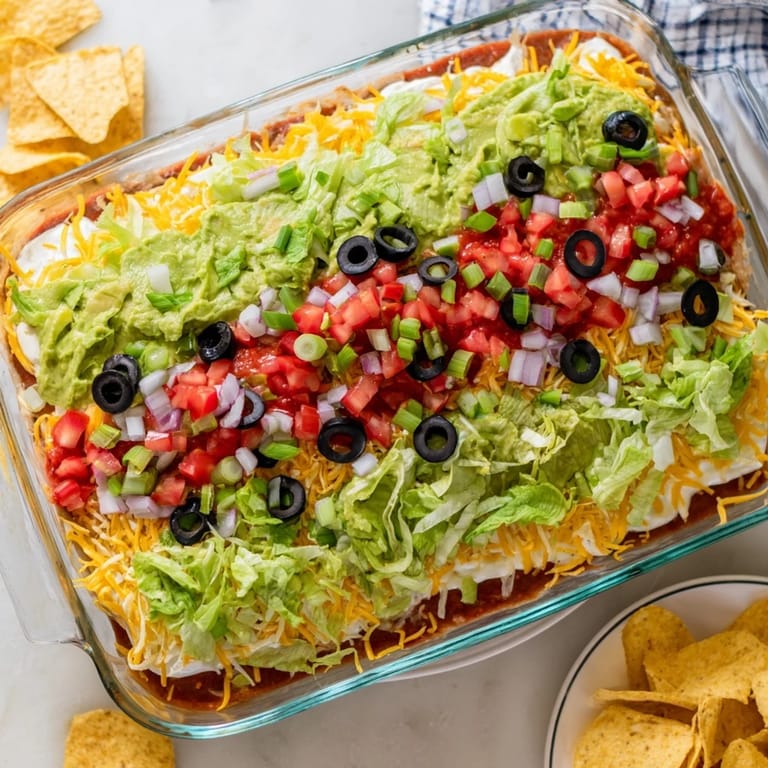 Cold Tex-Mex seven-layer dip with green onions, olives, and salsa, ready to scoop with tortilla chips.