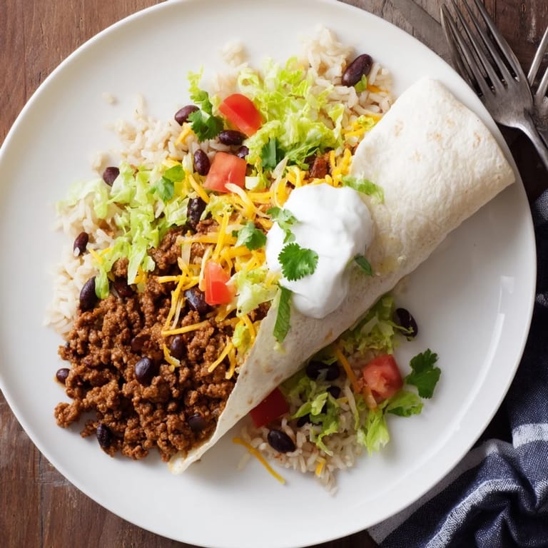 Close-up of a cut Beef Burrito revealing layers of beef, rice, beans, and diced tomatoes with sour cream.