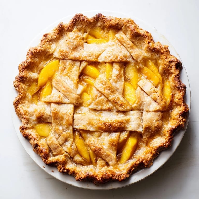 Homemade Peach Pie with a woven lattice crust dusted with sugar, served warm on a rustic wooden table.