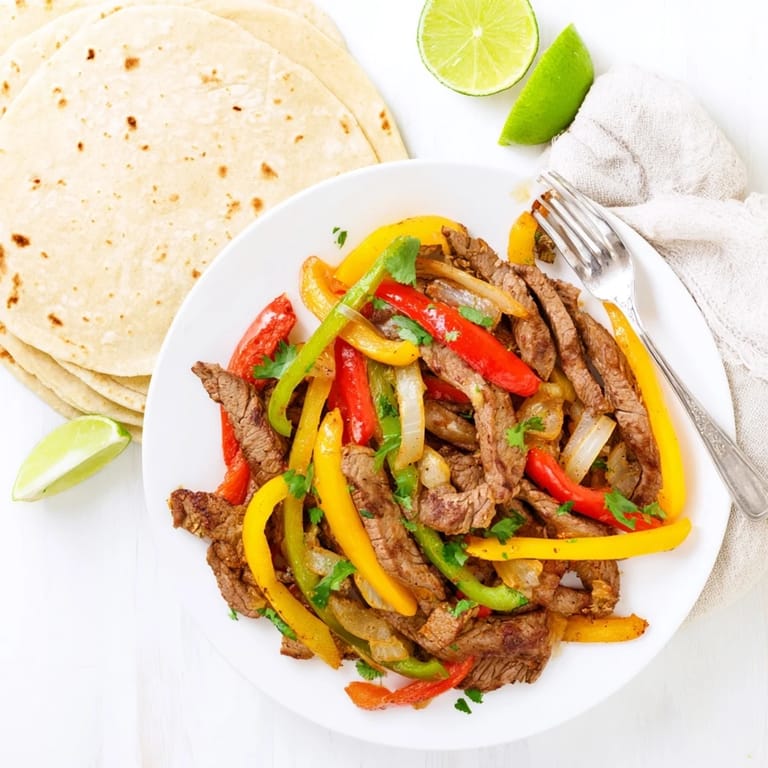 Colorful Steak Fajitas sizzling in a cast-iron skillet with lime wedges, cilantro, and guacamole on the side.