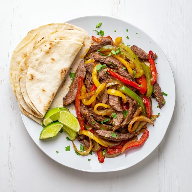 Savory Steak Fajitas served with juicy peppers and onions, warm corn tortillas, salsa, and shredded cheese for topping.