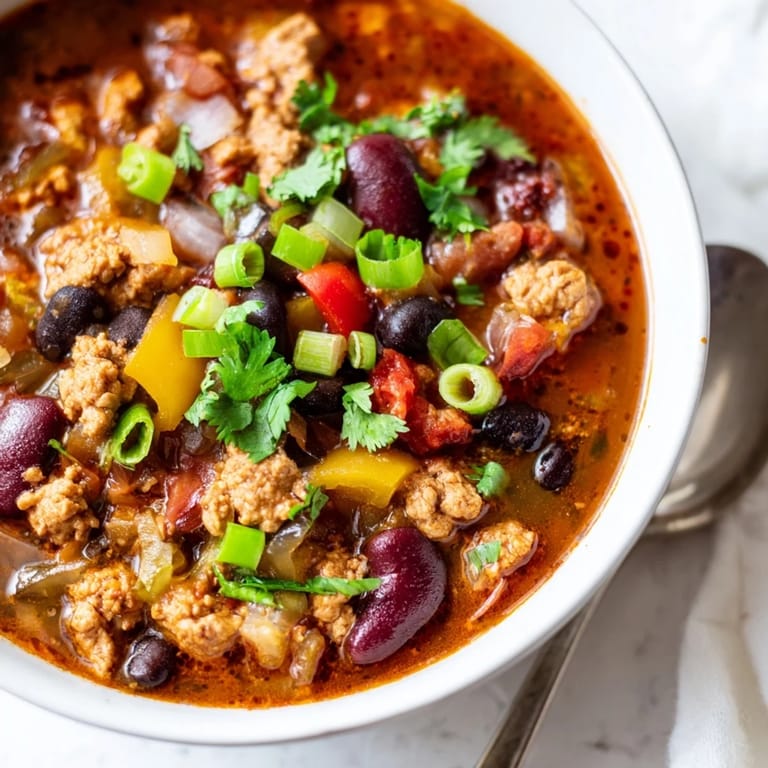 Close-up of Turkey Chili showing rich red broth with ground turkey, black beans, and diced peppers in a Dutch oven.