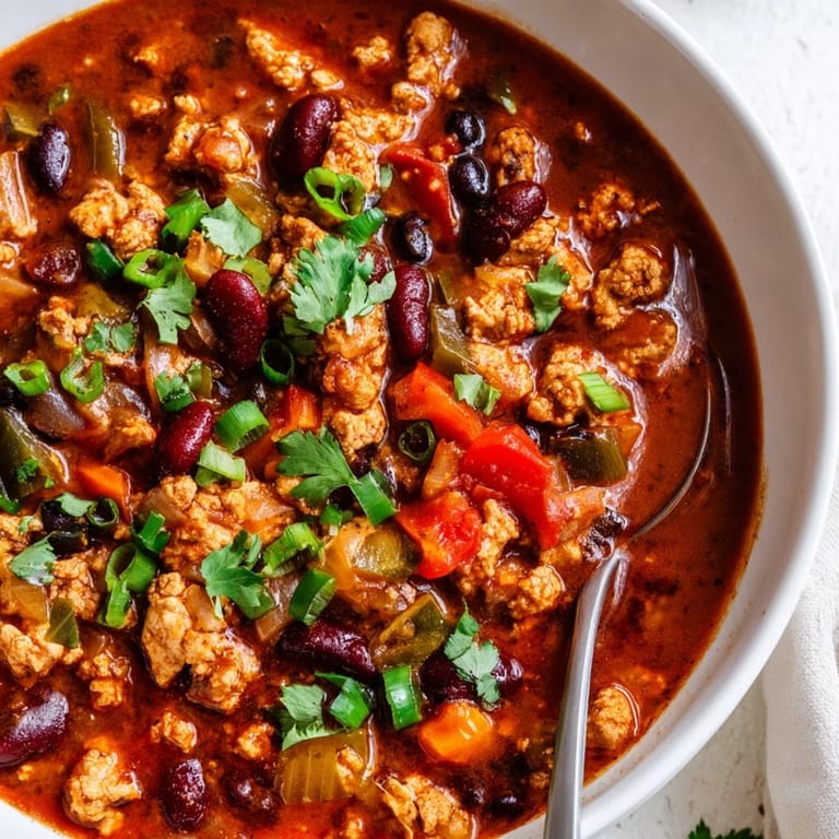 Freshly ladled Turkey Chili served in a white bowl, garnished with cheese, sour cream, and a slice of cornbread.