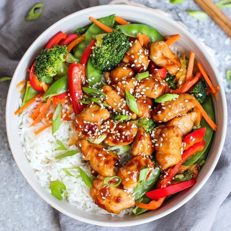 Colorful broccoli, carrots, and bell peppers mingle with glazed chicken and fluffy rice in this sizzling Teriyaki Chicken Bowl.