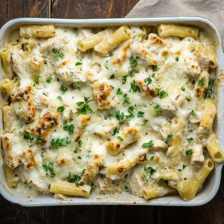 Chicken Alfredo Bake plated with penne and chicken, next to a crisp green salad.