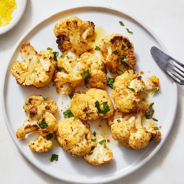 Crisp Roasted Cauliflower florets tossed in olive oil and spices, ready to eat as a vegan side dish.