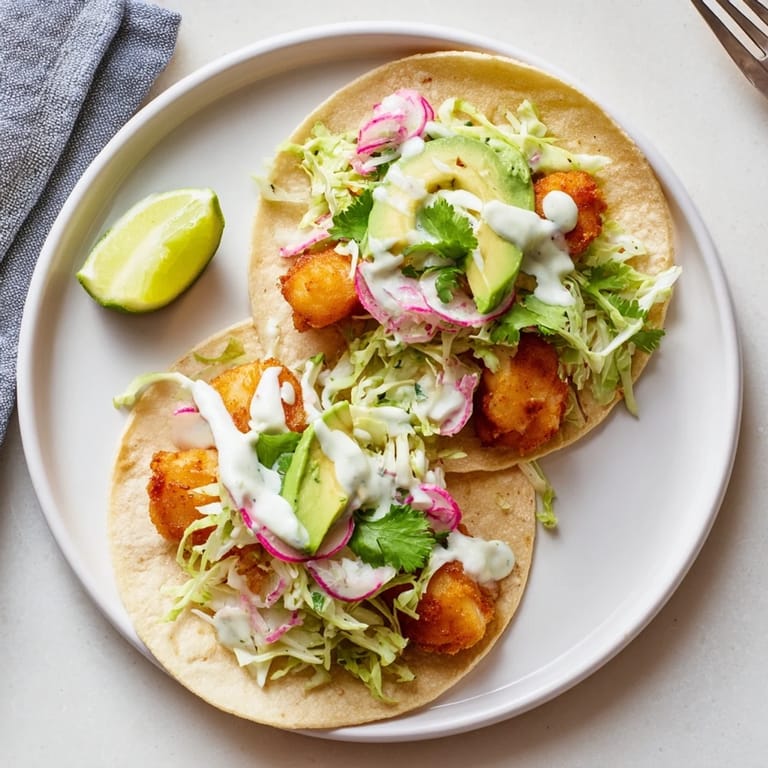 Homemade Baja Fish Tacos with avocado slices and fresh red onion, served with lime wedges on a rustic plate.