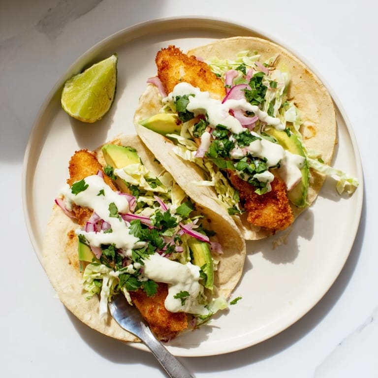 Baja Fish Tacos stacked on a plate, featuring crunchy fried fish, zesty sauce, and vibrant green cabbage topping.