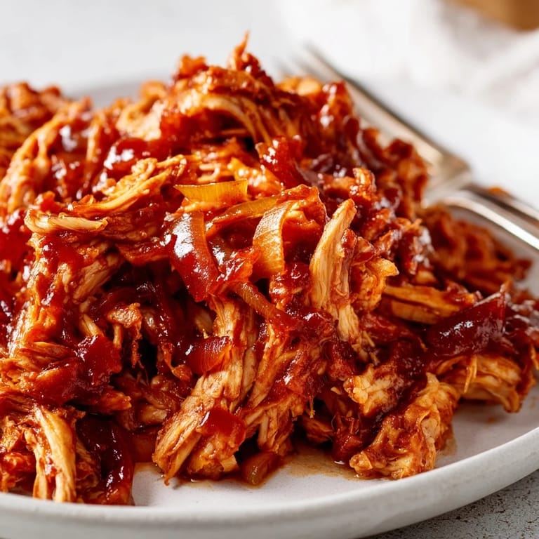 A close-up view of saucy BBQ Pulled Chicken, garnished with fresh parsley and served alongside cornbread.