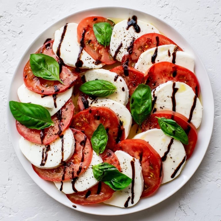 Close-up of Caprese Salad with juicy tomatoes, creamy mozzarella, and fresh basil on a white plate.