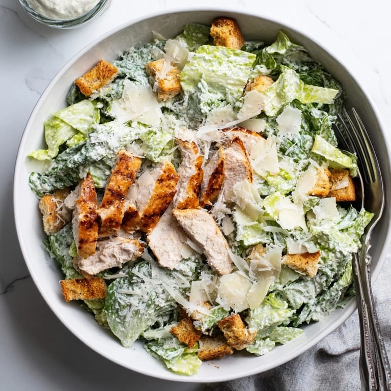 A close-up view of a homemade Chicken Caesar Salad featuring juicy grilled chicken, creamy dressing, and golden croutons.