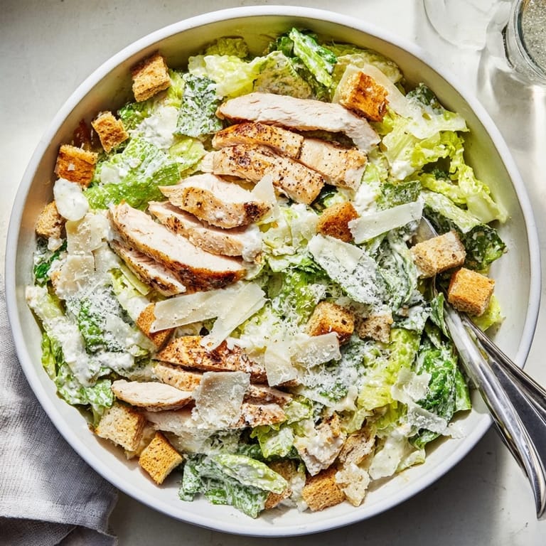 Bright serving bowl of Chicken Caesar Salad with tender chicken, rich Parmesan, and fresh romaine lettuce ready to eat.