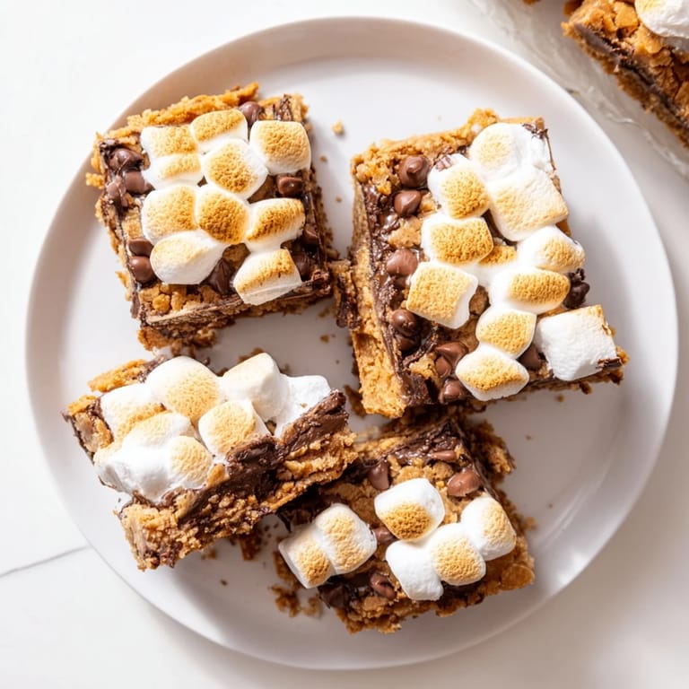 A gooey square of S'mores Bars shows cracked golden marshmallow topping, revealing layers of chocolate and graham cracker crust.