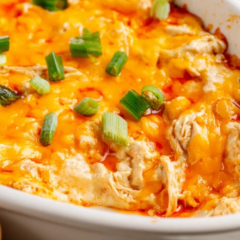 A golden, bubbly casserole of Buffalo Chicken Dip with melted cheese on top, ready to serve for game day with celery sticks.