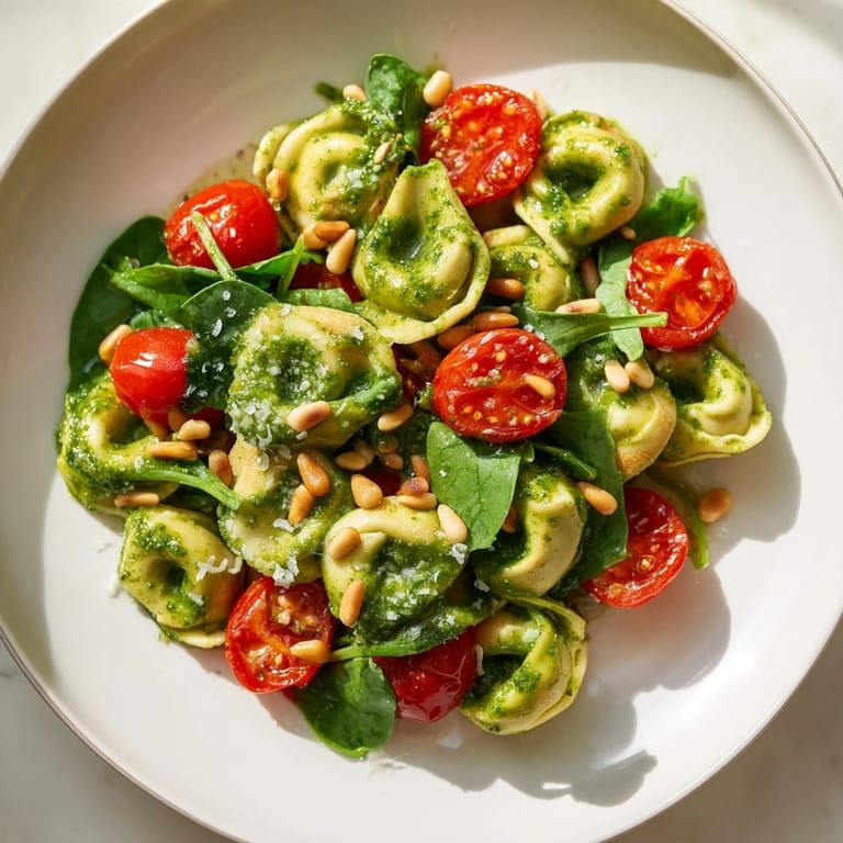 Savory Pesto Tortellini Salad served cold on a platter, garnished with grated Parmesan and pine nuts, combining basil pesto, cherry tomatoes, and al dente tortellini.