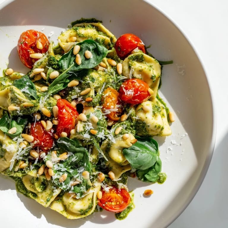 A vibrant bowl of Pesto Tortellini Salad featuring tender tortellini, fresh baby spinach, juicy tomatoes, and a lemon-pesto dressing—perfect for picnics or potlucks.