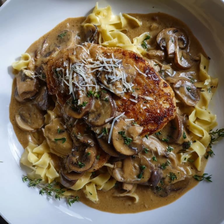 Homemade Creamy Chicken Marsala features juicy chicken breasts in a glossy, herb-infused mushroom sauce, paired with pasta for a hearty meal.