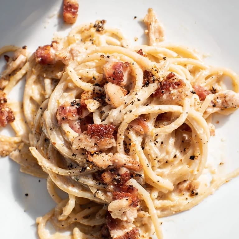 Vibrant plate of Chicken Carbonara featuring al dente spaghetti, succulent chicken, and golden bacon in a glossy Parmesan egg sauce.  