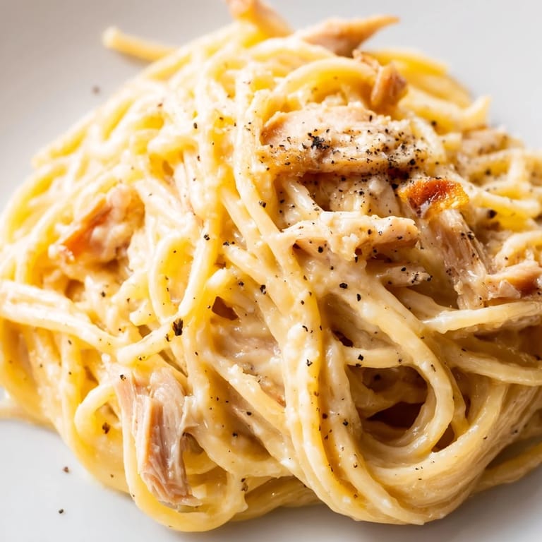 Close-up view of a rich Chicken Carbonara, highlighting twirled pasta, savory bacon bits, and a light dusting of black pepper.